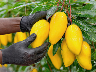 African American hands wearing black gloves carefully harvest ripe yellow mangoes from a lush green tree, showcasing the vibrant fruits and natural environment of tropical agriculture