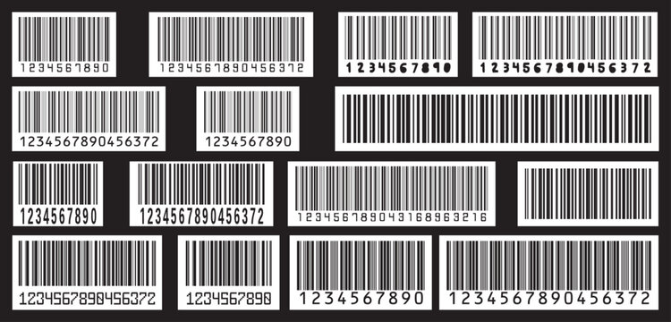 Digital bar codes labels and tags. Barcode symbols. Collection of black and white barcode vector icons in different style isolated vector illustration on black background.