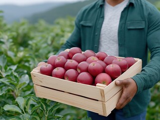 African American man holding a wooden crate filled with fresh red apples in an orchard, surrounded by lush greenery and rolling hills, showcasing agricultural abundance