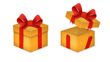 Golden gift boxes with red bows. One open, one closed — festive packaging for celebration visuals