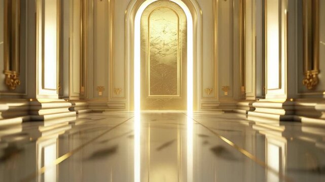 Luxurious interior with golden ornate door at end of hallway