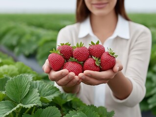 Woman holding fresh strawberries in hands, surrounded by lush green strawberry plants, showcasing vibrant colors and natural farming, representing healthy lifestyle and agriculture