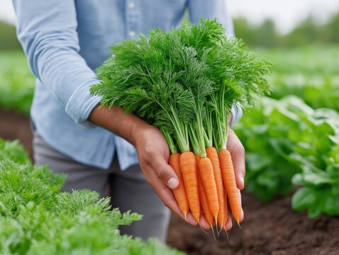 Freshly harvested carrots held by a farmer in a lush green field, showcasing vibrant orange vegetables with leafy tops, symbolizing organic farming and sustainable agriculture