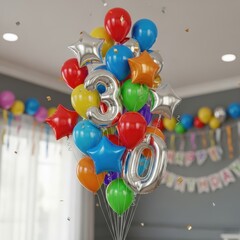 Festive birthday celebration with radiant balloon bouquet indicating turning thirty milestone