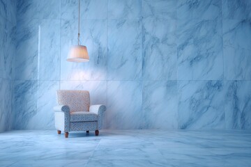 Single upholstered armchair sits beneath a pendant lamp in a room with blue marbled surfaces