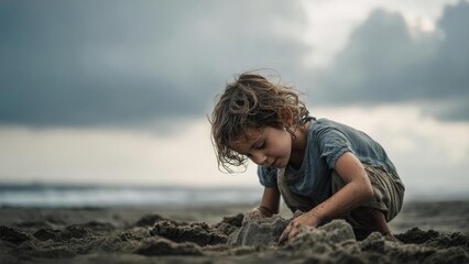 Young child digging in wet sand on a beach under a cloudy sky with the sea in the background. Concept Beach play and sand exploration, Young child digging in wet sand, Moody cloudy sky over the sea