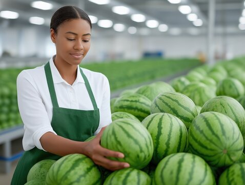 African American woman in green apron carefully selecting fresh watermelons in a bright grocery store, showcasing quality produce and vibrant colors with copy space
