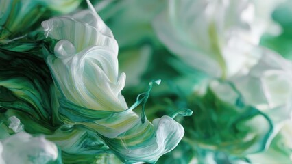 Abstract close-up of green, teal and white swirls resembling flowing ribbons or marbled paint. Concept Abstract art, Green teal white swirls, Marble ribbon textures, Close-up color study