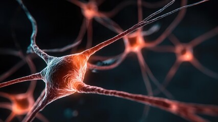 Close-up of neurons: interconnected nerve cells with glowing orange axons and dendrites. Concept Neuroscience Macro, Glowing Neurons, Interconnected Nerve Cells, Axons and Dendrites Detail