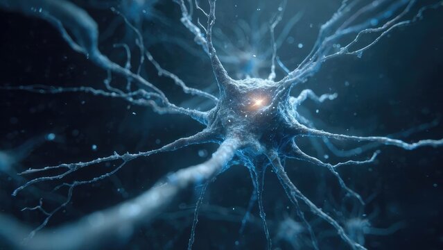 A neuron with multiple branching dendrites glowing blue in a dark background. Concept Glowing blue neuron, Dendritic arbor in the dark, Neuroscience illustration, Neural network art