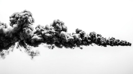 A long, dense black smoke plume trailing horizontally across a pale sky. Concept Industrial Smog, Black Smoke Plume, Pale Sky, Long Horizon, Moody Atmosphere