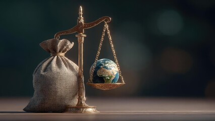 A vintage golden balance scale with a burlap money bag on the left and a small globe on the right. Concept Vintage golden balance scale, Burlap money bag left, Small globe right