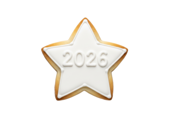 Festive Star Cookie with '2026' in White Icing, Isolated on White Background for New Year's and Future Concepts