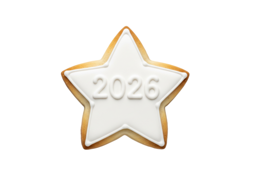 Festive Star Cookie with '2026' in White Icing, Isolated on White Background for New Year's and Future Concepts
