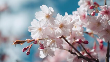 Obraz premium Cherry blossoms in bloom on a branch, pale pink petals with yellow centers. Concept Cherry blossoms, Pale pink petals, Yellow centers, Blooming branch, Spring nature