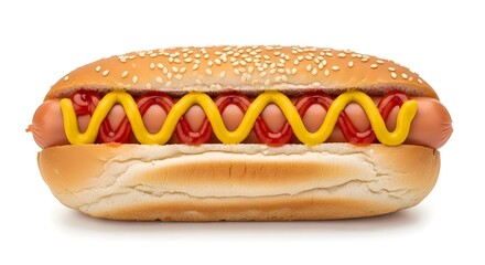 Classic hot dog with mustard and ketchup on a sesame seed bun