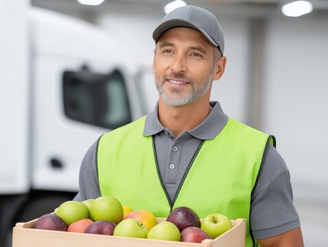 Smiling african american man in a green vest holding a wooden box of fresh apples and pears in a warehouse, showcasing healthy produce and community support