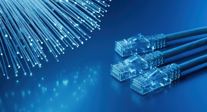 Fiber Optic Strands and Ethernet Network Cables on a Blue Background abstract connection