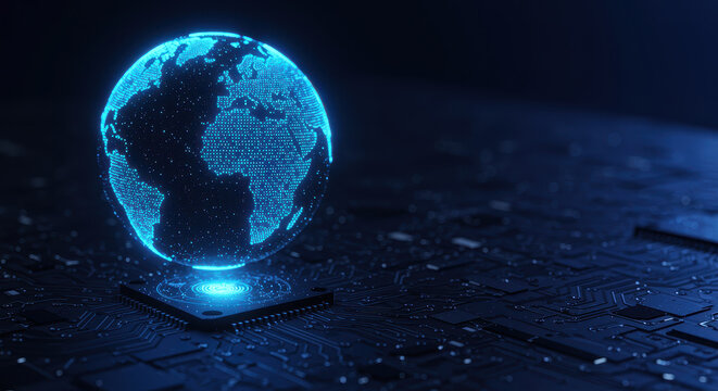 Futuristic Earth Hologram Floating Above Computer Chip and Circuit Board globe planet