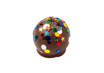 Vibrant Hot Chocolate Bomb with Festive Confetti Sprinkles on White Background