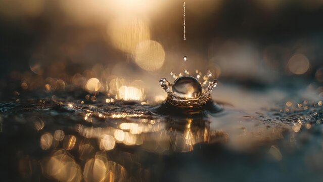 Water droplet splashes to form a crown on a reflective surface, with golden bokeh lights in the background. Concept Crown-shaped water droplet splash on reflective surface - Powered by Adobe
