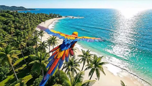Vibrant Macaw Flying Over Tropical Beach with Palm Trees and Turquoise Ocean
