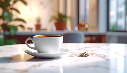 A white coffee cup on a bright, sunlit marble table, with soft blurred plants and room interior in the background