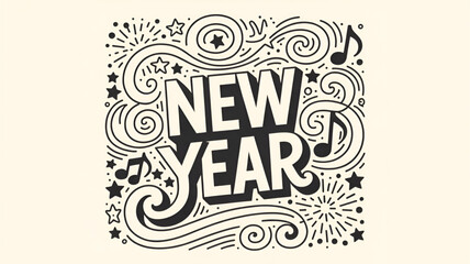 Festive New Year lettering design hand-drawn style with swirls and musical notes vector illustration for holiday greetings and invitations