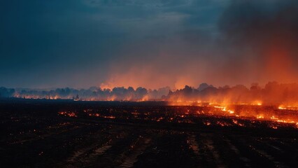 A vast field on fire at dusk, orange flames and smoke spread across the land with a distant treeline. Concept Fiery field at dusk, Orange flames, Smoke across landscape, Distant treeline