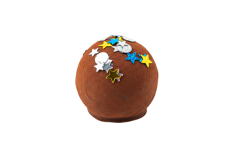 Festive Chocolate Truffle or Cake Pop Decorated with Shiny Star Sprinkles on White Background