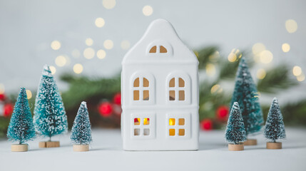White house lantern with small evergreen trees and bokeh lights for winter holiday celebration