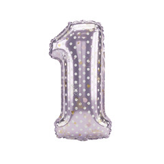 Elegant light purple foil number one balloon adorned with gold and white polka dots, ideal for first birthday celebrations, anniversaries, or any significant milestone party decorations