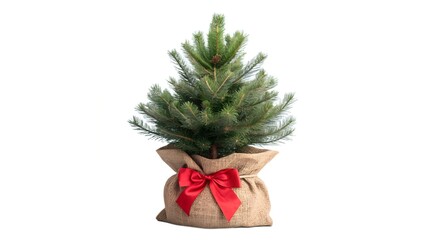  small, artificial Christmas tree, potted in a rustic burlap sack tied with a bright red bow, 