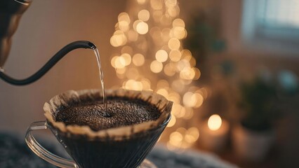 Pour-over coffee brewing in a glass dripper as a gooseneck kettle pours hot water over grounds, with warm bokeh lights in the background Concept Pour-over Coffee, Glass Dripper, Gooseneck Kettle
