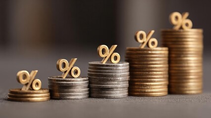 Stacks of coins rise from left to right, each topped with a gold percent sign, symbolizing rising interest rates. Concept Rising interest rates, Stacks of coins, Gold percent signs