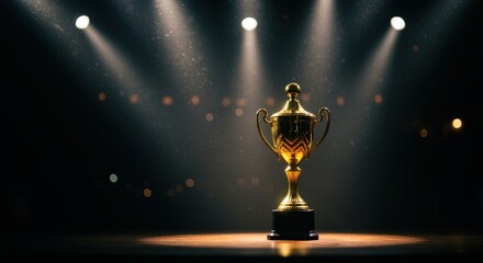 Golden Trophy Illuminated by Stage Spotlights on Dark Stage award winner
