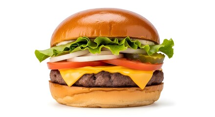 Delicious cheeseburger with fresh ingredients on a white background