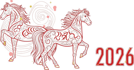 Two ornamental horses stand by 2026 in red against a white background