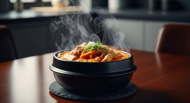 Steaming bowl of delicious spicy korean food on a table - Powered by Adobe