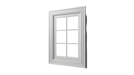 Tall white window with six panes and decorative trim