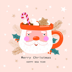 Christmas hot chocolate with  marshmallows, candy cane in a mug in the form of Santa Claus. Cute flat cartoon vector