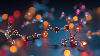 Close-up of a molecular model with connected orange spheres representing atoms. Concept Molecular model close-up, Orange atom spheres, Chemical visualization, Atomic bonds, Structural chemistry