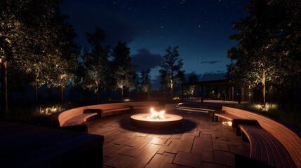 cozy night fire pit gathering with warm timber seating and glowing trees