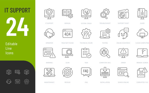 IT Support Line Editable Icons set. Vector illustration in modern thin style of technology related icons: system crash, manual, troubleshooting, and more. Isolated on transparent background.