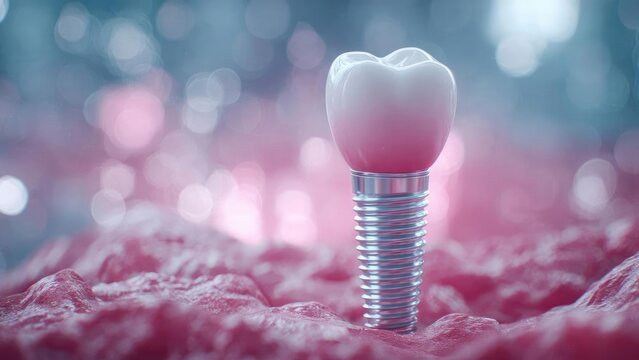 A dental implant with a crown. Concept Dental implant, Crown restoration, Titanium abutment, Cosmetic dentistry, Smile restoration