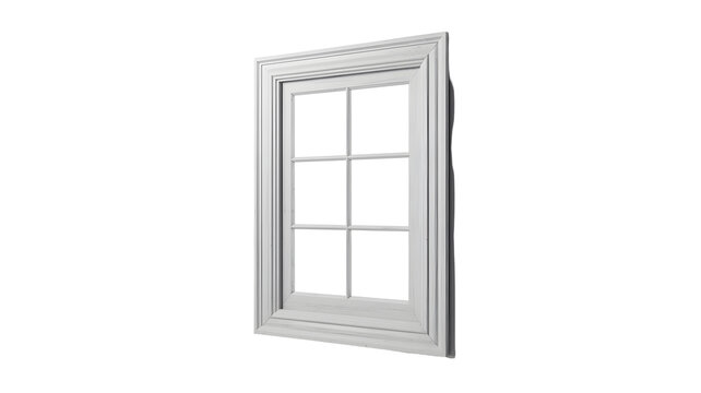 Tall white window with six panes and decorative trim