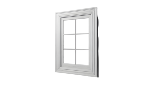 Tall white window with six panes and decorative trim