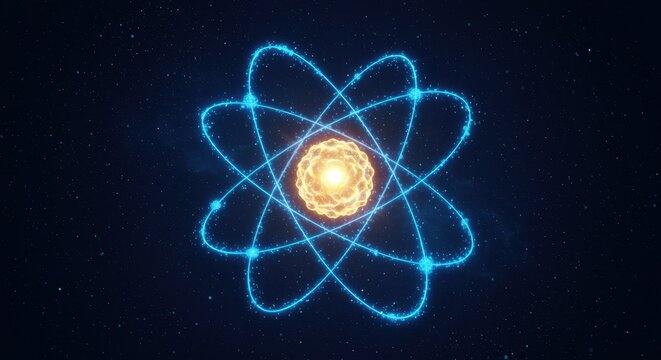 Luminous atomic model with glowing orange nucleus and blue orbits science physics