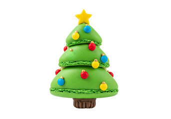 Festive Green Macaron Shaped Like a Christmas Tree with Colorful Ornaments and Star Topper on White Background