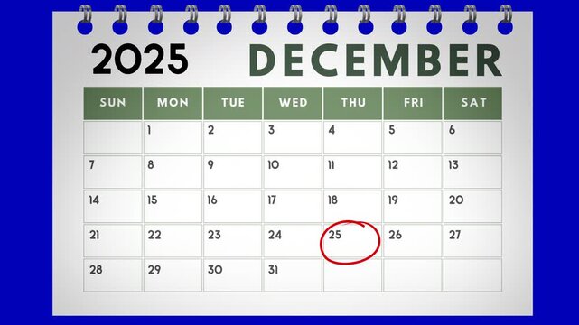 Marking the Date calendar for Christmas, December 25. Animated circles highlighting Christmas Day on a calendar, marked with a red Sharpie to emphasize the festive occasion.